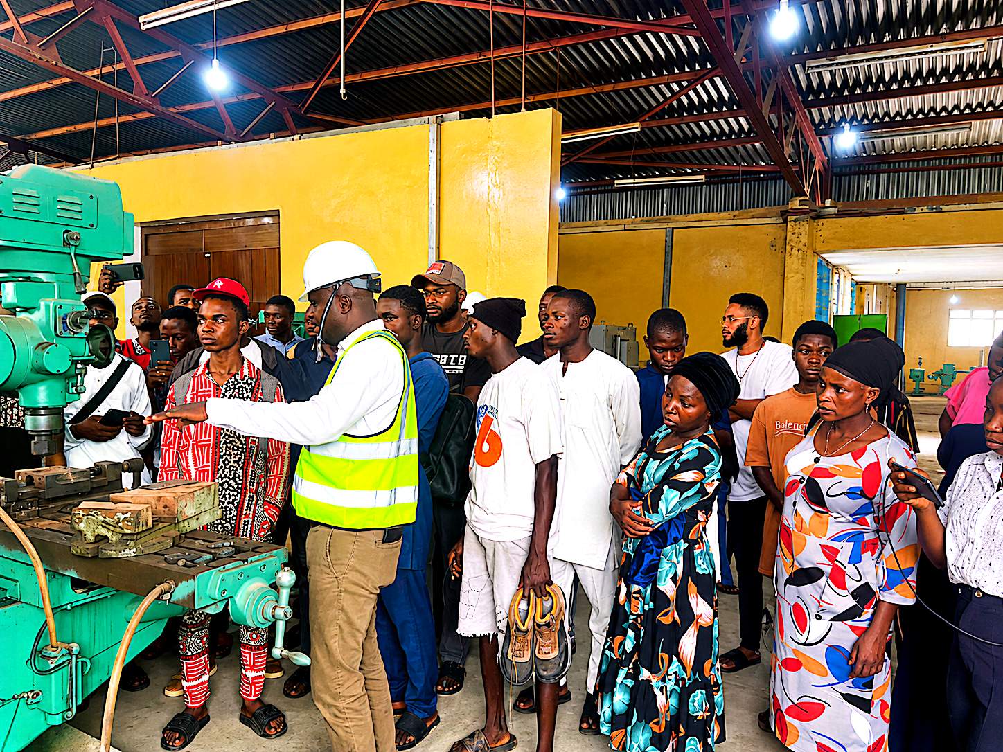 Facilitator walk-through of the milling machine during workshop tour