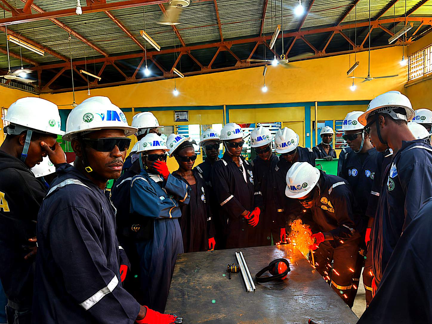 Kitted-up trainees observing a live grinding demonstration