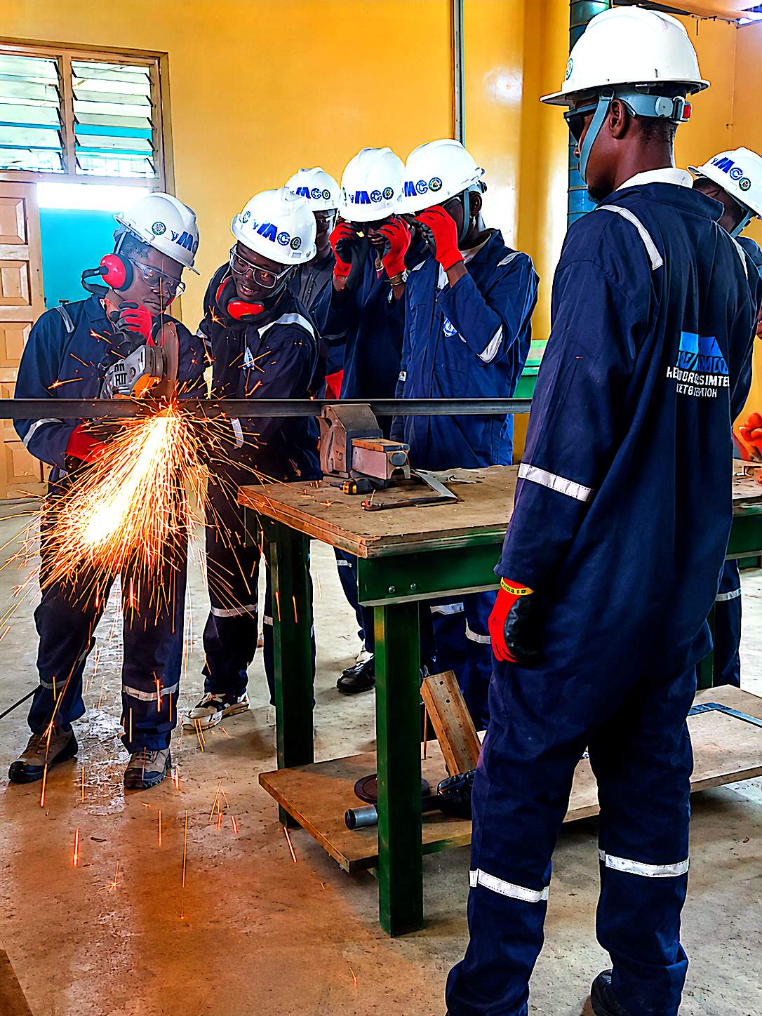 Cutting and grinding steel stock in full PPE